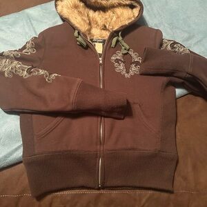 Brown Embroidered Women’s Sweater with Fur